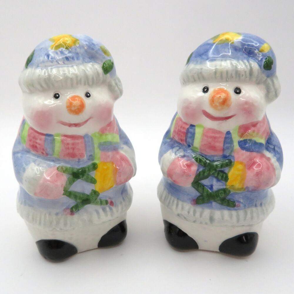 Snowman Salt & Pepper Shakers Pastel Bella Casa Goodnight Style Ceramic Holiday